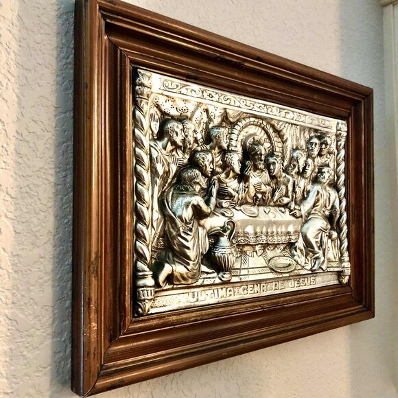 M.REGISTRADO Antique Framed Silver Repousse Relief Art Sculpture Last Supper 21" - Picture 3 of 10